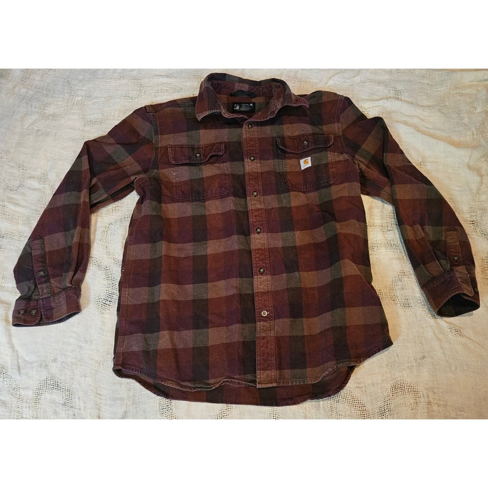 Carhartt Mens Loose Fit Plaid Flannel Button Down Shirt Burgundy Brown L